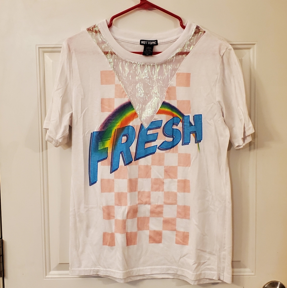 FRESH Rainbow Checkered Print Iridescent Inset Tee
